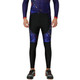 Men's sublimated cycling tights in a combination of black and a cosmic pattern with purple accents, featuring a logo.
