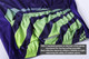 A men's sublimated cycling vest in purple and green, featuring three rear pockets and reflective elements for visibility.