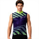 A men's sleeveless cycling vest in purple and green, featuring a geometric design and a logo.