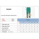 Unisex adult pants in teal with yellow stripes, featuring a logo. Displayed with a size chart.