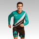A long-sleeved football jersey in teal and brown, featuring a logo and a sporty design.