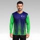 A long-sleeved V-neck shirt in navy blue and green, featuring a zigzag pattern and a logo.