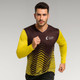 A unisex long-sleeve shirt in brown and yellow, featuring a v-neck and a logo on the front.