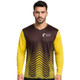 A unisex long-sleeve shirt in brown and yellow, featuring a sublimated zigzag design and a logo.