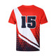 A red and white sublimated football jersey featuring a large number 15. The jersey has a textured design and includes a logo.