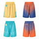 Reversible basketball shorts featuring yellow, blue, teal, and orange designs with a logo.
