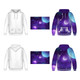 A unisex polyester spandex hoodie in white and a vibrant purple space-themed design. Features a logo.