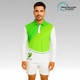 A man models a bright green and white unisex polo shirt with long sleeves and a logo on the side.