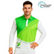 A unisex long-sleeved polo shirt featuring a green and white design, with a logo and made from recycled materials.