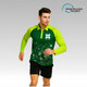 A green and lime unisex polo shirt with long sleeves, featuring a design of a globe and recycled elements, with a logo.