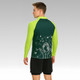A long-sleeved polo shirt featuring a dark green and bright lime colour scheme, with a nature-themed design on the back.