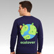 A navy long-sleeve V-neck shirt featuring a graphic of a globe surrounded by trees and the word "ecolover" on the back.
