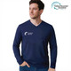 A navy blue unisex V-neck long sleeve shirt made from RPET micro mesh, featuring a logo.