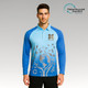 A unisex adults' long-sleeve polo in blue with a nature-themed design and a logo on the chest.