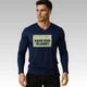 A navy V-neck long-sleeved shirt made from RPET Milk Silk featuring a front logo.