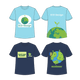 Four t-shirts displayed: two light blue with eco themes and two dark blue featuring planet designs and slogans.
