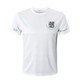 A white unisex RPET sublimated round-collar tee shirt with logo detailing on the front and sleeve.