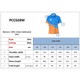 A women's 100% cotton shirt in blue and orange, featuring a logo and detailed sizing chart.