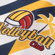 A vibrant shirt featuring bold stripes in navy and yellow with a volleyball design and palm tree motif.