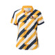 A women's button-up shirt featuring a bold striped design in yellow, navy, and white, with a logo.