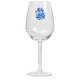 A clear wine glass with a long stem, featuring blue text and a printed design.
