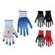 Gardening gloves featuring a mix of grey, blue, red, and black colours. Includes gloves with a logo.