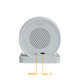 A white wireless speaker with a built-in night light and charging port. It includes an ON/OFF switch and branding on the back.