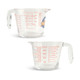 A clear glass baking measuring jug with red measurement markings, featuring a handle and a logo.
