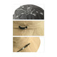 A foldable bucket hat in dark green and light tan, featuring water droplets and adjustable components.