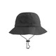 A foldable bucket hat in black with a chin strap and a branded logo.