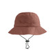 A foldable bucket hat in a rust colour, featuring a brim and an adjustable chin strap. It has a logo.
