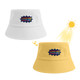 A colour-changing bucket hat in white and yellow with a logo on the front, featuring a sun graphic.