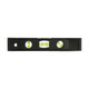A black magnetic torpedo level featuring three vials with yellow fluid for measuring horizontal and vertical alignment.