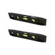 A black magnetic torpedo level featuring two spirit vials and logos on either side.