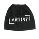 A black boot cover with an elasticated top and a printed logo in white.