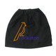 A black boot cover featuring an orange illustration of a cockatoo and text in purple.