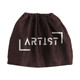 A brown drawstring bag with a logo on the front, featuring a gathered opening at the top.