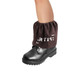Waterproof boot covers in a brown colour, designed to fit over black boots, featuring a logo on the side.