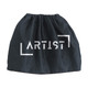 A black fabric bag with a drawstring closure and a logo prominently displayed on the front.