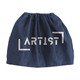 A navy blue bag with an elastic top and a logo printed on the front.
