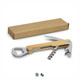 A wooden wine waiters knife with a stainless steel corkscrew and bottle opener, displayed with a brown cardboard box.