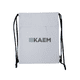 A white drawstring bag featuring black straps and a branding logo on the front.