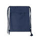 A navy drawstring bag featuring a logo, with black drawstrings for closure and carry.