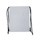 A white drawstring bag with black straps, featuring a zippered pocket and a logo.