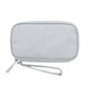 A grey carrying case with a zip closure and a wrist strap, featuring a logo.