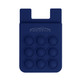 A navy silicone phone wallet featuring a popper stress reliever design with a branded logo.
