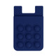 A navy blue silicone phone wallet with popper stress reliever bubbles and a slot for cards.