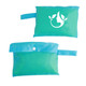 A green and blue mesh beach toy bag with a logo, featuring a zippered closure and a handle for easy carrying.