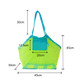 A mesh beach toy bag in bright yellow and aqua, featuring a pocket and adjustable straps, measuring 45cm by 30cm.