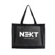A black transparent mesh tote bag with two handles and a logo on the front.